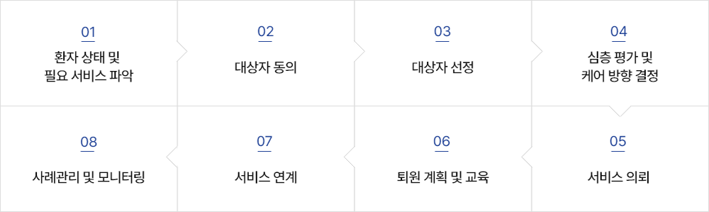 01 환자 상태 및 필요 서비스 파악 → 02 대상자 동의 → 03 대상자 선정 → 04 심층 평가 및 케어 방향 결정 → 05 서비스 의뢰 → 06 퇴원 계획 및 교육 → 07 서비스 연계 → 08 사례관리 및 모니터링